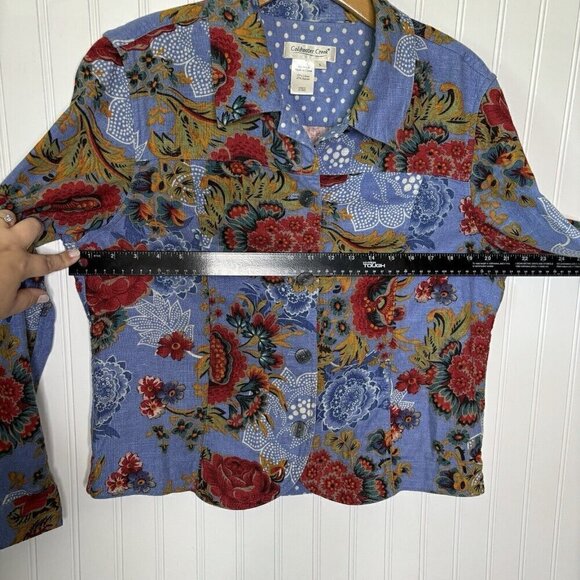 Coldwater Creek Shirt Jacket Shacket LG Blue Floral Linen Blend Cottagecore - Picture 8 of 11